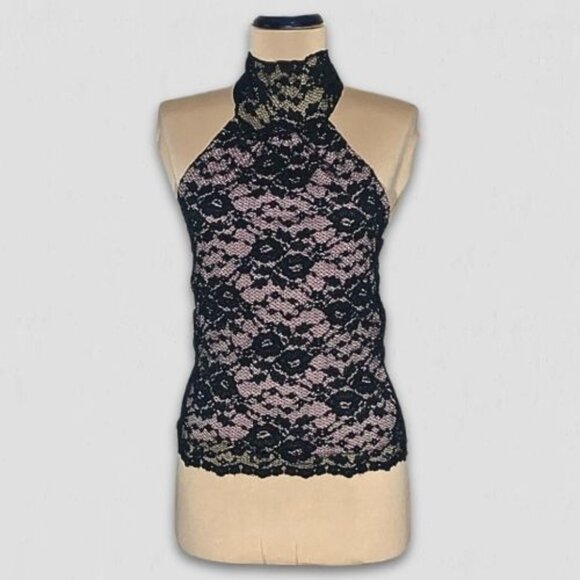Speechless Tops - Vintage Y2K Speechless Halter Top High Neck Stretchy Sheer Lace Black Pink Sz S